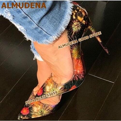 ALMUDENA Nice Fireworks Printed Dress Pumps 12CM 10CM 8CM High Heel Wedding Shoes Floral Patent Leather Prom Shoes Women Size45