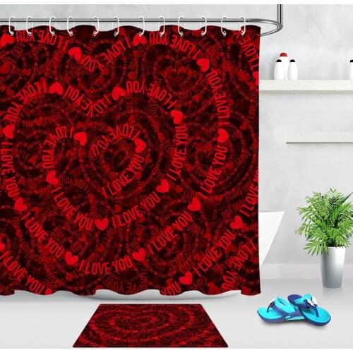 Red Heart Waterproof Shower Curtains I LOVE YOU Valentines Day Fabric Bathroom Curtain Polyester Bath Curtains or Floor Mat