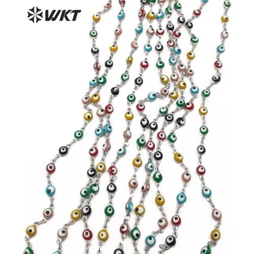 WT-RBC103 Super hot white stainless steel resin drop oil evil eye bead chain women jewelry hand making round eye rosary chain