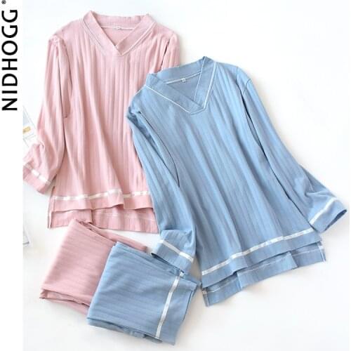 Ladies Cotton Stripe Pajamas Long Sleeve Maternity Clothes V-Neck Loose Plus-sized Solid Pijamas Autumn Sleepwear Two Piece Set