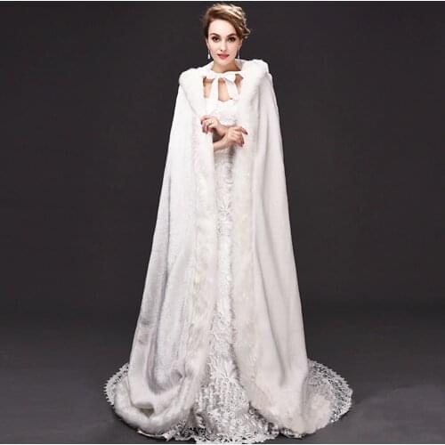 Women Warm Faux Fur Trim Winter Bridal Cape Long Wedding Cloaks Hooded for Christmas Thermal Thicken Outdoor Lady Rolled Cloak