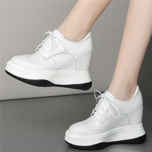 11cm High Heel Fashion Sneakers Women Lace Up Genuine Leather Wedges Ankle Boots Female Round Toe Platform Creepers Casual Shoes