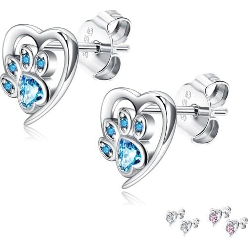 SILVERHOO 925 Sterling Silver Stud Earrings For Women Heart Shape Blue Cubic Zirconia Footprint Earring Wedding Fine Jewelry