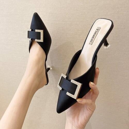 French Style Small Fresh Thin High Heels Metal Rhinestone Buckle Decoration Women Pumps Black Soft Leather Pointed Toe Work Shoe