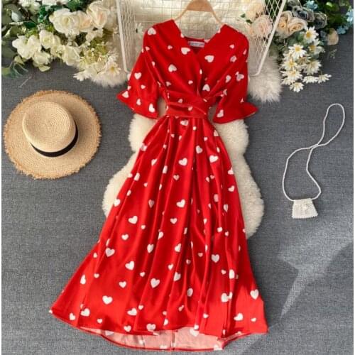 Womens summer short sleeve v neck heart print chiffon dress female summer vacation beach dress TB835