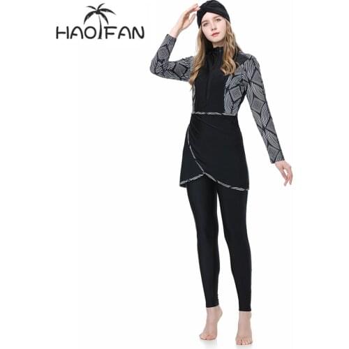 AOFAN Women Muslim Swimwear Full Cover Islamic Swimsuit Beach Modest Burkini Black Swimsuits with zipper and Bra 3PCS Plus Size