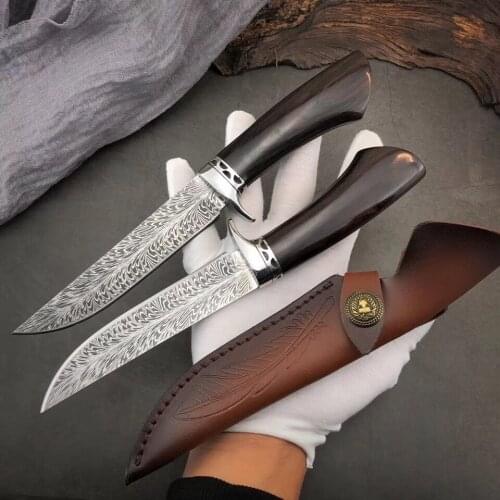 5CR18MOV steel round Ebony handle outdoor hunting Straight knife high hardness forging Fixed blade knives EDC tool