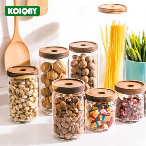 Acacia Wood Lid Mason Jar Kitchen Glass Container Storage Bottle Glass Jar Sealed Food Canisters For Tea Nuts Sugar Candy Spice