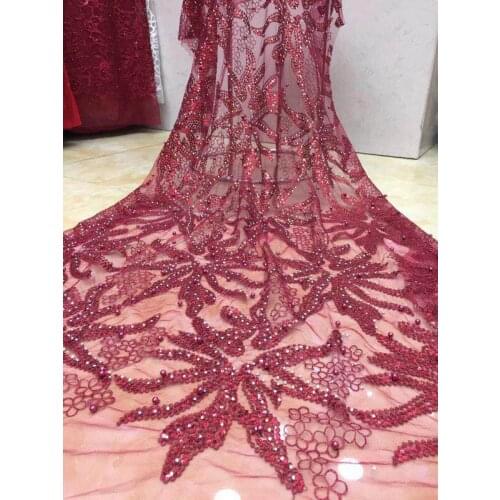 Free shippi New pattern 5yards XC28# Wine red embroidery and beads lace fabric for bridal wedding dress/sawing