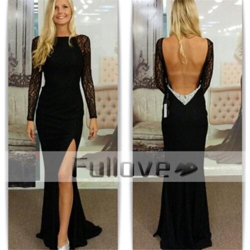 Black Lace Long Sleeve Prom Dresses 2019 Sexy Backless Sheer Beaded Crystal Formal Party Dress High Slit Gowns Vestido De Fiesta