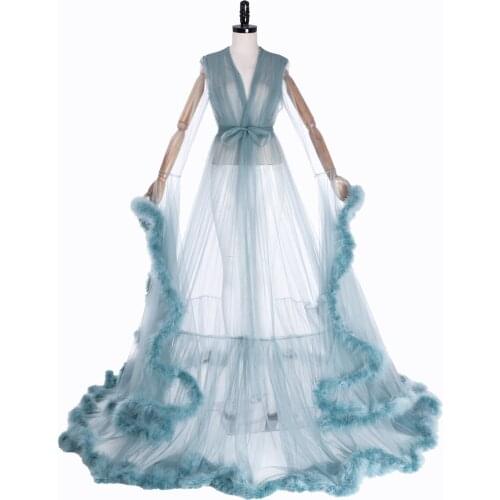 Long Bridal Boudoir Feathers Bridal Robe Green Dress Wedding Scarf Evening Gown Bathrobe Fur Trim Costume Homecoming Party Gown