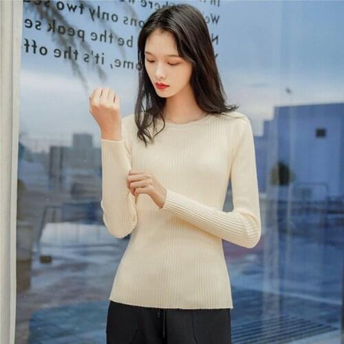 Autumn Winter Women Jumper Tops Round Neck Knitted Pullovers Solid Color Long Sleeve Sweater Slim Fitting Pullover Tops