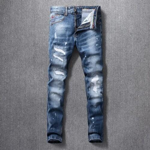 Fashion Streetwear Men Jeans Retro Blue Elastic Slim Fit Ripped Jeans Men Top Quality Vintage Designer Pants Hip Hop Jeans Homme