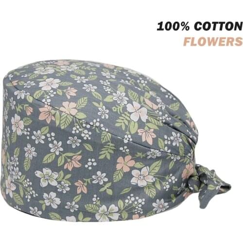 Surgicals Hats 100% Cotton Flora Printing Nursing Hat Adjustable Tie Back Beauty Salon Pet Shop Lab Working Scrub Cap for Women