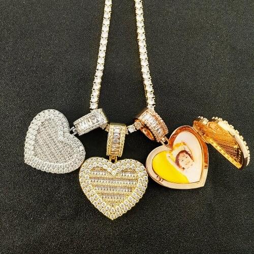 Custom Iced Out CZ Heart Photo Lockets Necklace Empty Memory Photo Frame Hip Hop Pendant for Men and Women