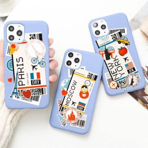 World Citiy Paris Moscow New York Travel Tickets Phone Case for iPhone 12 mini 11 Pro Max X XR XS 8 7 6s Plus Candy purple cover