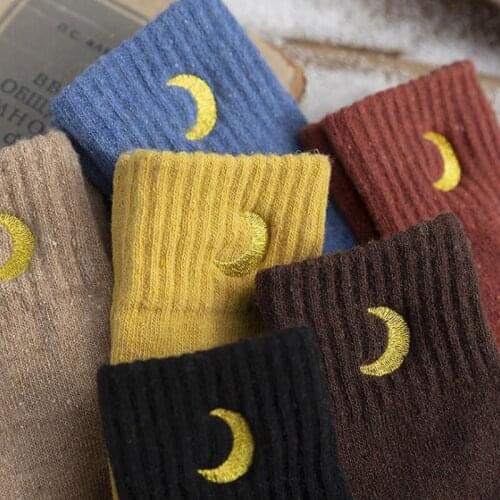 Fashion Moon Embroidered Socks Woman Cute Japanese Harajuku Cotton Solid Color Winter Warm CrewSox Cartoon Street Art Dress Lady