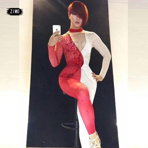 Fashion Red White Pearl Rhinestone Women Jumpsuit sexy Nightclub Party Singer Dj Pole Dance Team performance Dance stage Costume