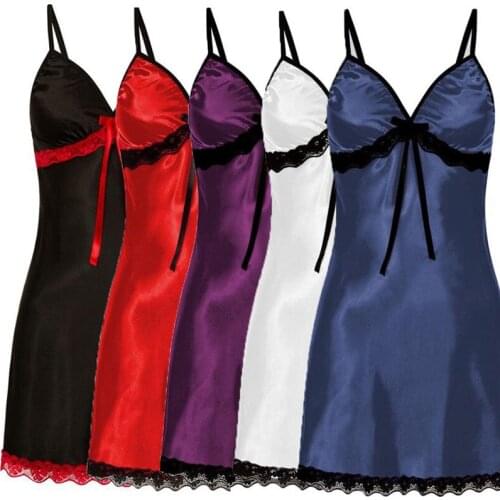Women Sexy Lingerie Porno Sleepwear Sleep Dress Lace Silk Satin Nightdress Sleeveless Nighties V-neck Nightgown Nightwear
