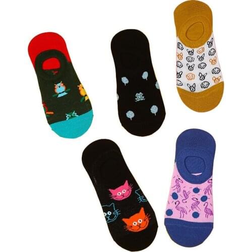 Happy Socks Women Cartoon Kawaii Cute Animal Flamingo Cat Dog Owl Frog Short Boat Socks Summer Thin Invisible Socks Men Female