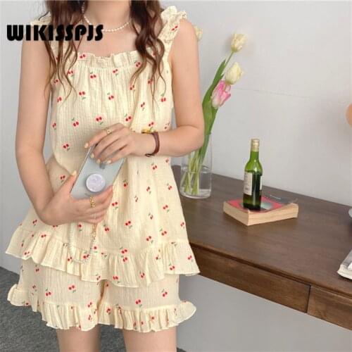 WIKISSPJS 2021 Summer New Korean Suspender Pajamas Sweet Little Cherry Ruffle Cotton Yarn Home Clothes Lounge Wear Sleep Tops