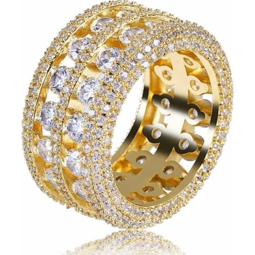 Luxury Full AAA CZ Paved Ice Out Bling Golden Ring Gold Color Hollow Copper Rings Men Women Hip Hop Rapper Jewelry Size 7-11