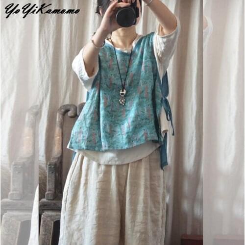 YoYiKamomo Print shirt Cotton Linen Women Summer Maxi 2018 Summer Original Sleeveless Blouse Vintage Women Tops