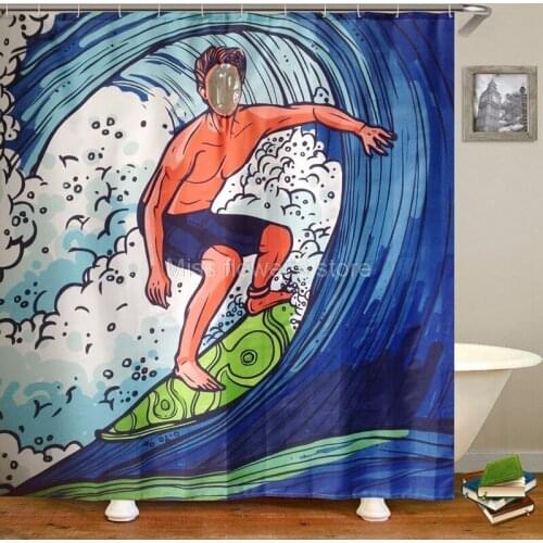 Surfer In Blue Sea Design Custom Shower Curtain Bathroom Waterproof Mildewproof Polyester Fabric With 12 Hooks