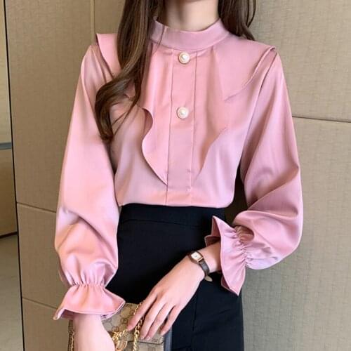 Temperament Stand-up Satin Shirt Women Spring 2021 New Bottom Long-sleeved Shirt Thin Trumpet Sleeve Women Shirts Blouses