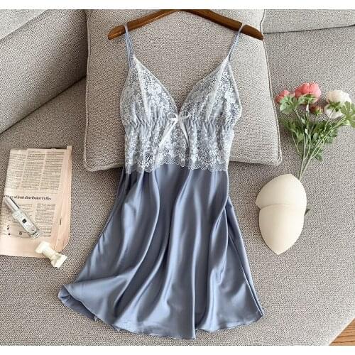 Spring Nightgown Womens Lace Nightdress Sexy Strap Chest Pad Viscose Fiber Leisure Tops Large Size Leisure Tops