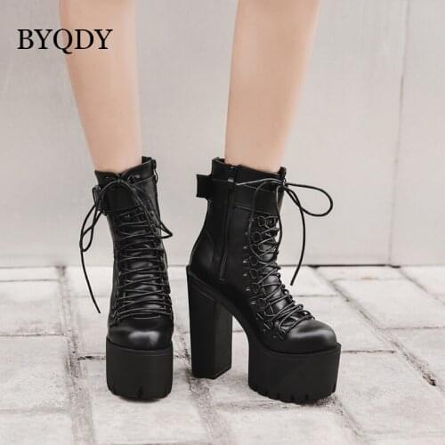 BYQDY Autumn Women Short Boots Platform Chunky High Heel PU Buckle Lace Zipper Motorcycle Female Punk Rome Footwear Comfortable