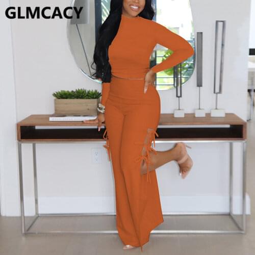 Women Casual Two Piece Solid Suits Long Sleeve Crop Top & Slit Loose Pants Set