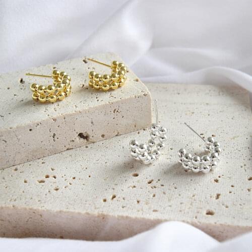 Real 925 sterling silver double rows beads earrings for women, trendy gold color stud earrings aretes sterling silver jewelry