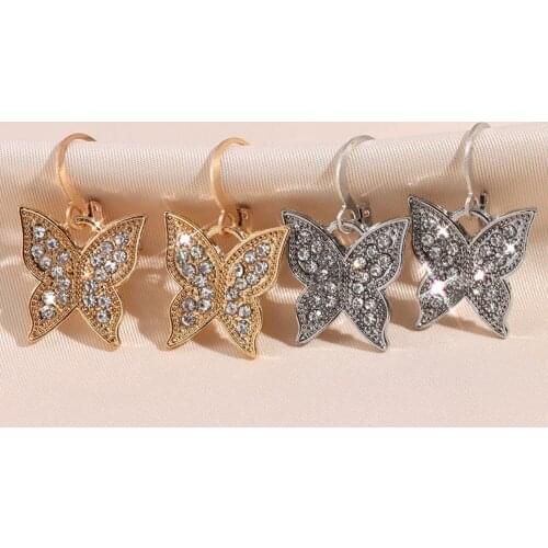 Flatfoosie Trendy Elegant Butterfly Crystal Drop Earrings For Women Shiny Animal Rhinestone Hanging Earrings 2021 Jewelry Gift