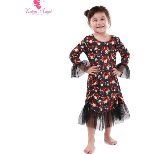 Kaiya Angel 2018 Hot Sales Long Sleeve Girls Dress Black Bottom Flower Print Toddler Kids Clothes Wedding Party Gift For Girl