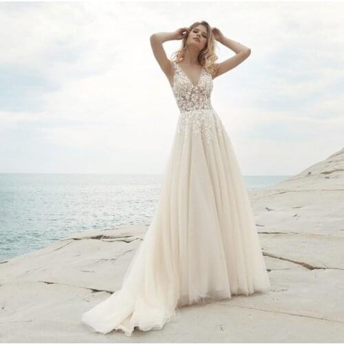 2020 Beach Wedding Dresses V Neck Backless New Bohemian Bridal Gowns A Line Floor Length Tulle Vestido De Novia