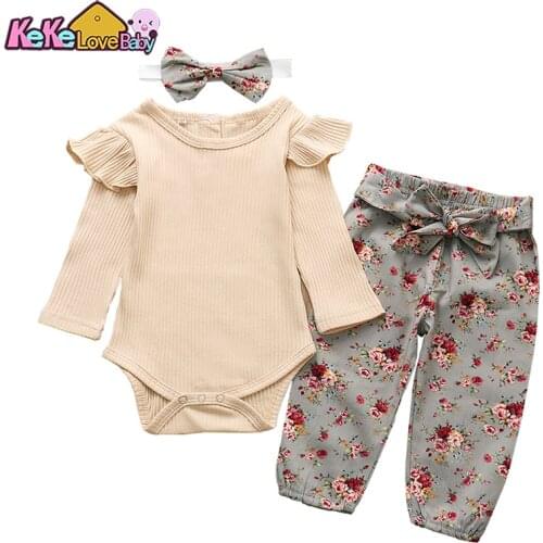 Newborn Infant Baby Girl Clothes Sets Fashion Khaki Knitted Romper Flower Print Pants Headband Ruffle 3Pcs Outfit Girls Clothing