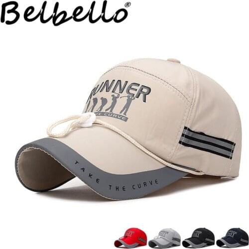 Belbello spring summer Lengthened Brim Sunshade fishing cap Mens Night Reflector Bar Sunhat Big eaves Windbreak rope casual hat