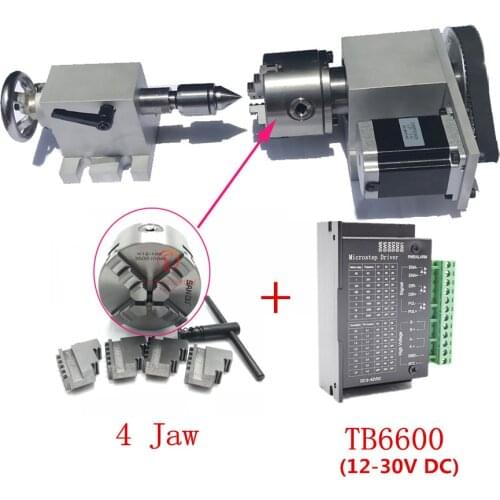 CNC 4th Rotary Axis K12 4Jaw Chuck 100mm/4" for Mini CNC Router Woodwork Driver Dividing Head+ MT2 Tailstock+TB6600