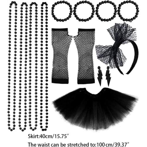 EDCRFV 1Set Women 80s Fancy Dress Accessories Retro Party Costume Set Adult Tutu Skirt Neon Fishnet Gloves Beaded Necklace Set