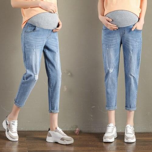 Elastic Harem Pants Maternity Jeans Spring Summer Thin Thin Nine Pants Outer Wear Hole Supporting Pants Summer