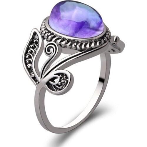Hainon Flower Rings Women Ancient Silver Color Luxury Cross Leaf Finger Rings Jewelry Purple Oval Zircon Punk Rings Jewelry Gift