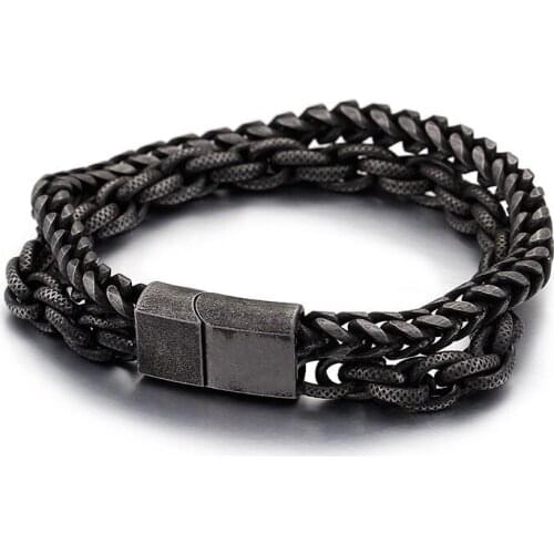 Stainless Steel Punk Rock Rope double Chain Bracelet Pulseras Men Women Foxtail Wristband Bangle Hot Vintage Jewelry 13mm 23CMf