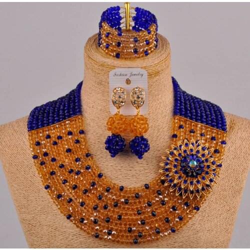 Royal blue and champagne gold ab fashion african necklace jewelry set nigerian wedding beads 10SZ