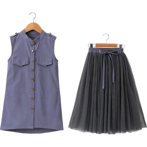 Girls Summer Shirt+Mesh Skirt Dress 2Pcs Clothing Set Teenage Girl Costume Western Style Gauze Clothing Kid Birthday Party Dress