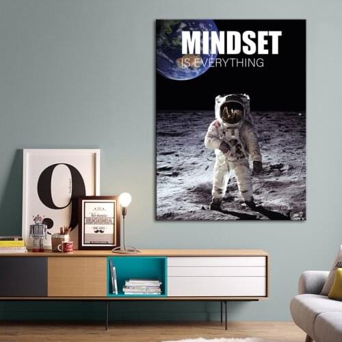 Motivational Canvas Art Space Poster Print Custom Inspirational Wall Art Mindset is Everything Space Man on Moon Wall Decor
