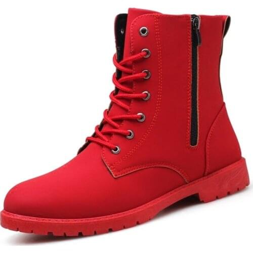 Red High Top Mens Army Boots Korean Zipper Mens Boots British Red Mens Snow Winter Boots Cowboy Boots for Mens