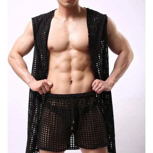 Men Undershirts Hooded Bathrobe Long Nightgowns Boxers Fishnet Sleepwear Loose Casual Sleeveless Transparent Sexy Gay Underwear