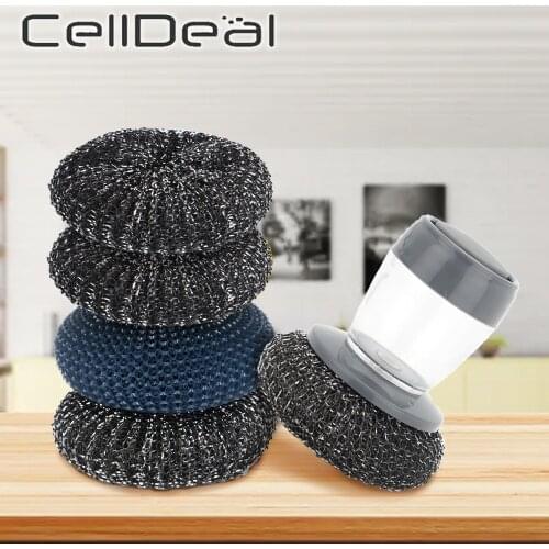Steel Dish Scrubber Soap Dispensing Steel Brush Storage Set Scouring Pad Pot Scrubber Metal Sponge House Kitchen Cleaning Brush