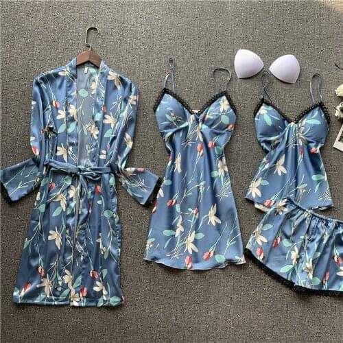 Silk Pajamas For Women Solid Striped 4Pcs Pyjamas Set Embroidery Spring Summer Sexy Lace Pijamas Sleepwear new
